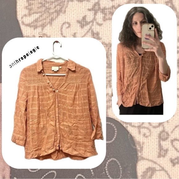 ๐ฅ 3/$30 Anthropologie orange embroidered plaid button long sleeve top - Picture 5 of 17